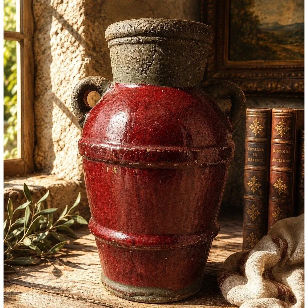 Vintage Rustic Studio Pottery Vase Oxblood Red Folk Art Handcrafted 12”